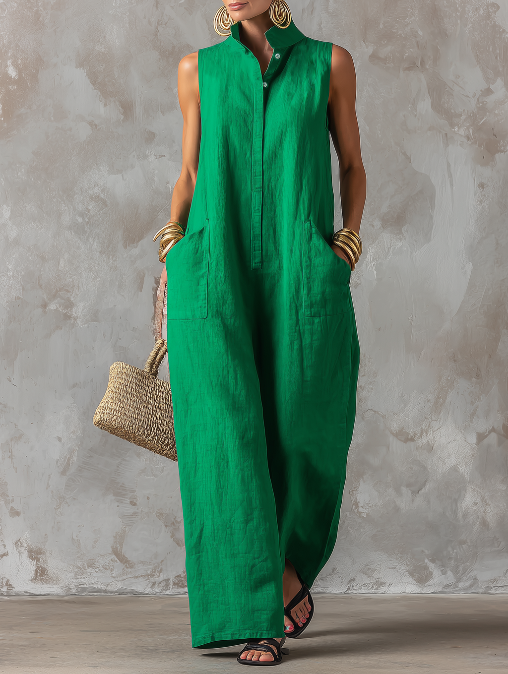 Jerline™ green sleeveless button-front jumpsuit with relaxed wide-leg fit