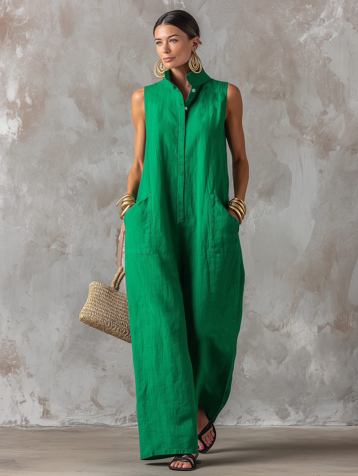 Jerline™ green sleeveless button-front jumpsuit with collar and pockets