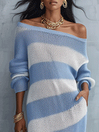 Off-shoulder striped knit maxi dress top, sky blue and white horizontal bands