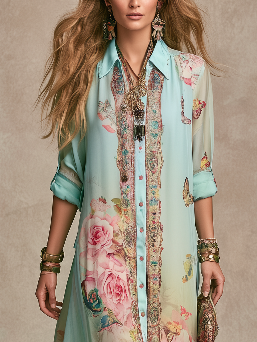 Mint green chiffon floral maxi dress close-up of ornate button placket and rose print