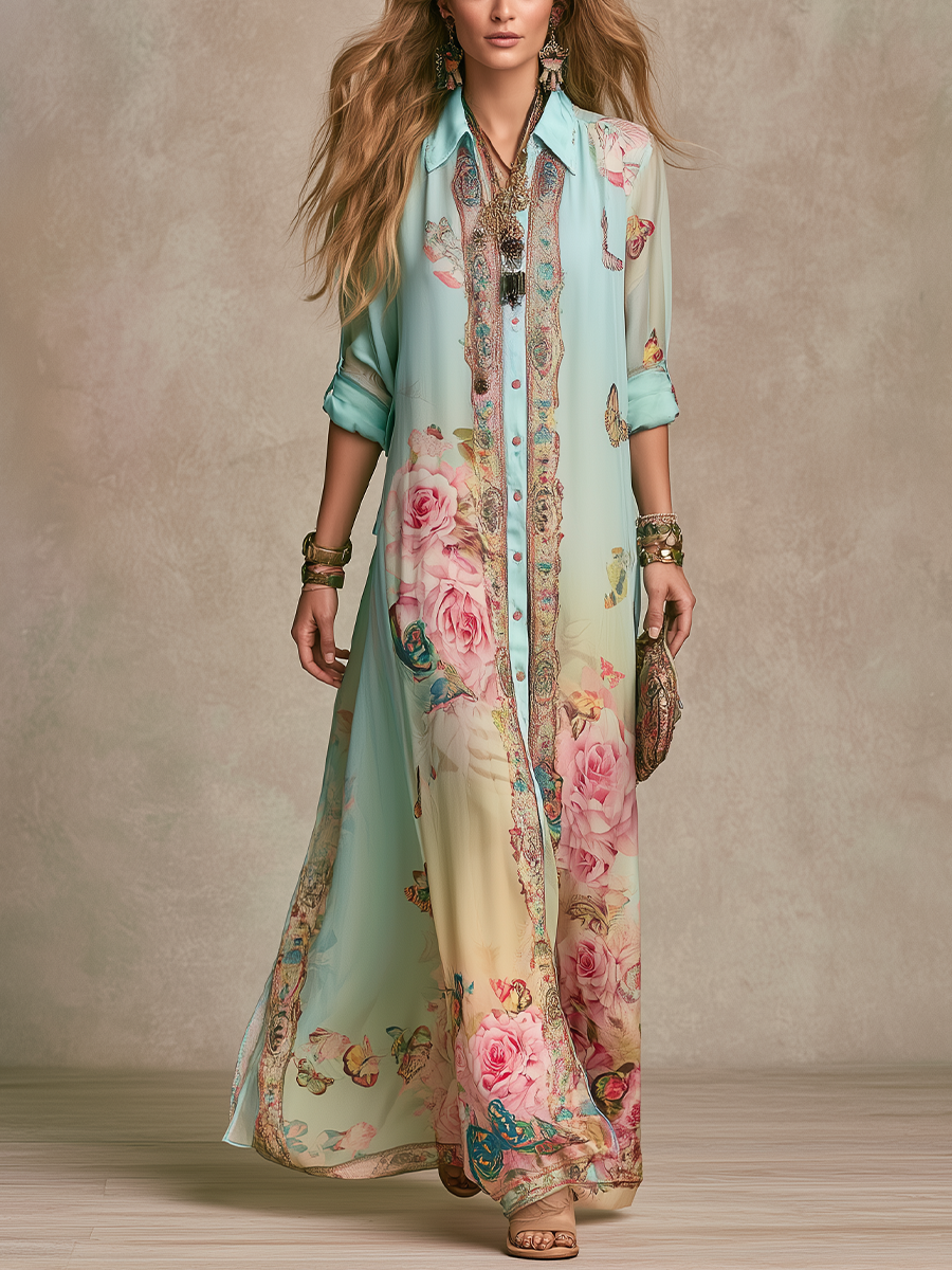 Mint green chiffon maxi dress with pink rose and butterfly floral print, button front