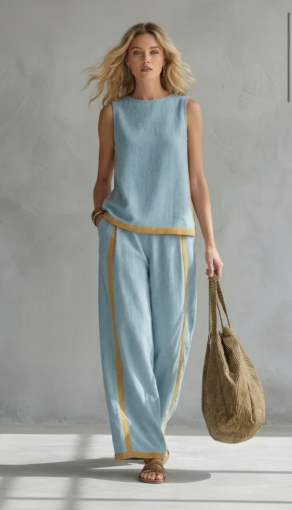Two-piece set, green sleeveless top and wide-leg pants with gold edge piping
