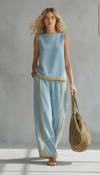 Two-piece set, green sleeveless top and wide-leg pants with gold edge piping