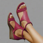 Bordeaux orthopedic wedge sandals, close-up view of ankle strap and toe openings