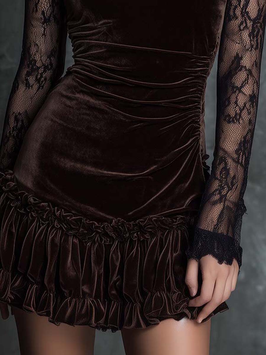 Dark brown velvet mini dress with ruched bodice, lace sleeves, and ruffled skirt