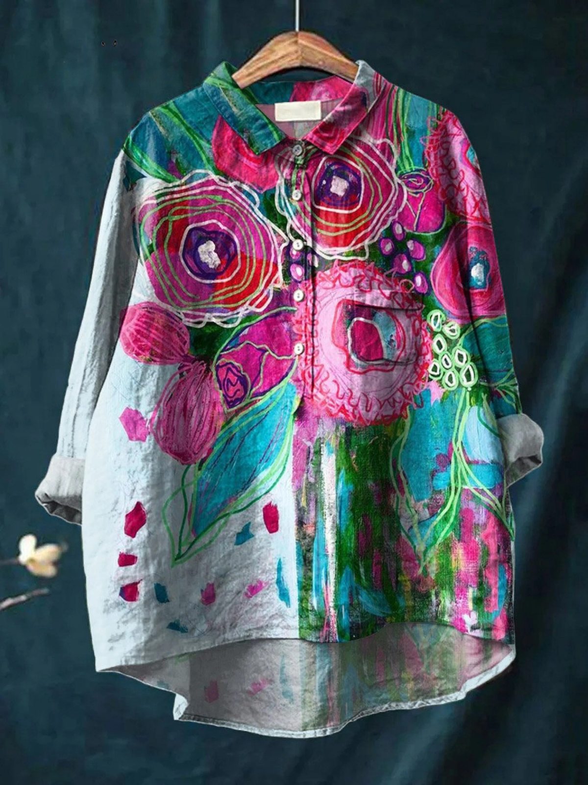 Multicolour floral print button-up casual shirt with long sleeves