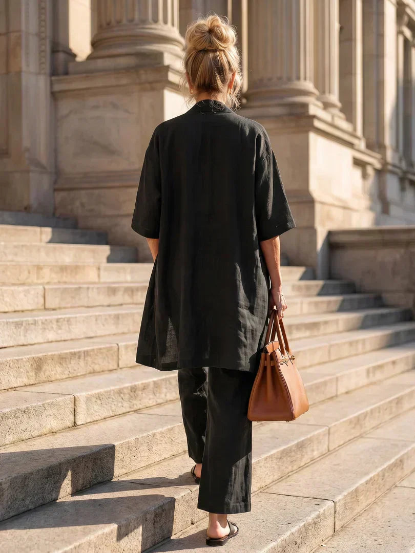 Lorrin™ elegant set in black: back view of open kimono over wide-leg jumpsuit