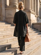 Lorrin™ elegant set in black: back view of open kimono over wide-leg jumpsuit