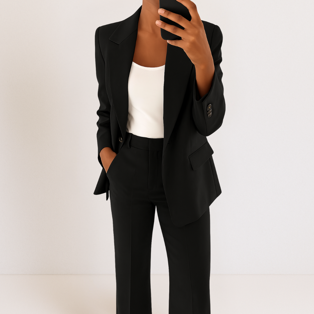 Black tailored two-piece suit set with blazer and matching trousers, asymmetrical pocket detail.