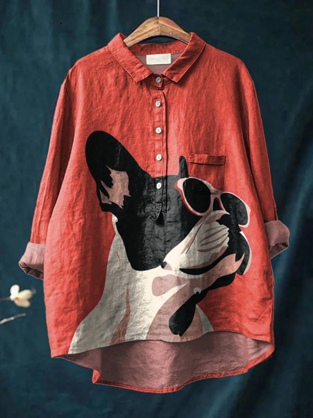 Red casual button-up shirt with large French bulldog graphic wearing sunglasses