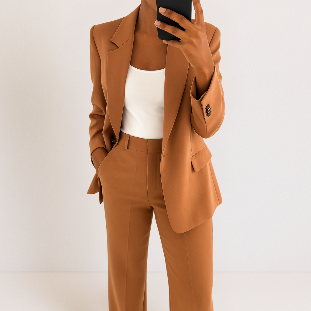 Brown tailored two-piece suit set with blazer and matching trousers, single-breasted blazer.