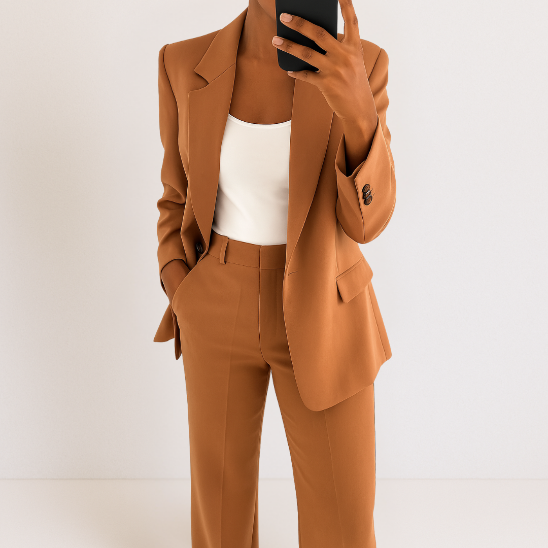 Brown tailored two-piece suit set with blazer and matching trousers, single-breasted blazer.