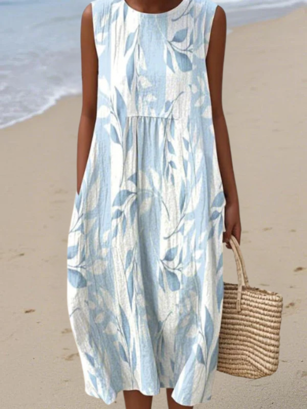Jolie Leafy midi dress, sleeveless with blue-and-white leaf print