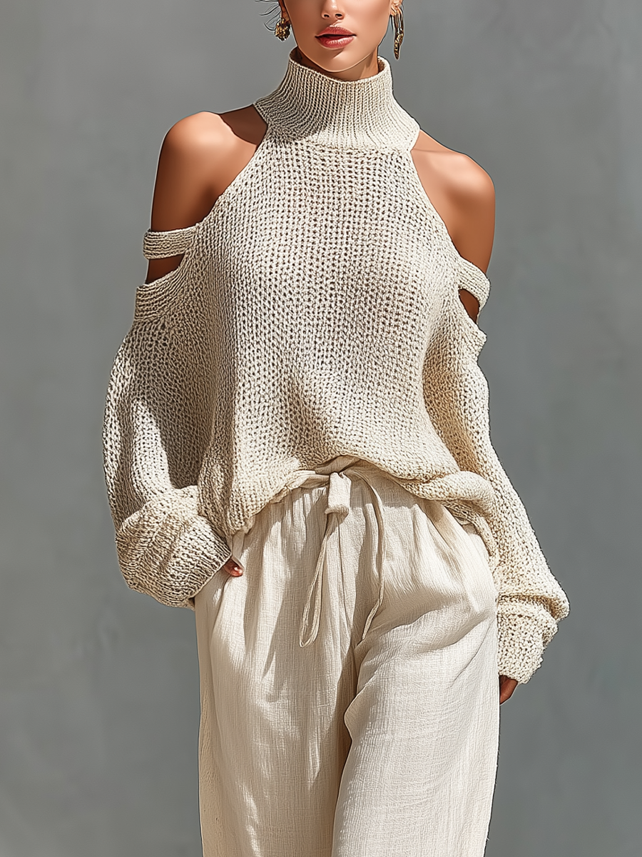 Cream knit cold-shoulder turtleneck top with textured fabric and tie-waist wide-leg pants.