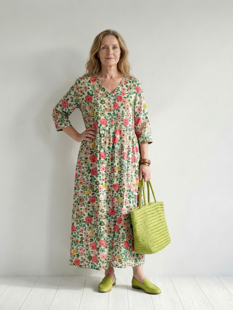 Floral scatter midi dress with V-neck, gathered waist, three-quarter sleeves