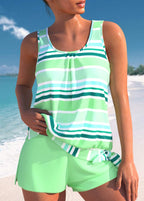 Light green striped tankini set with sleeveless top and matching swim shorts