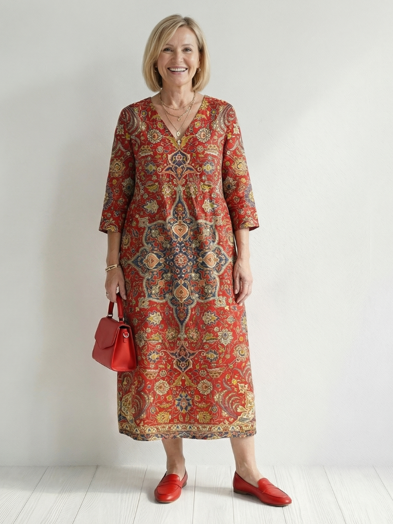 Red patchwork midi dress with 3/4 sleeves and V-neck