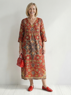 Red patchwork midi dress with 3/4 sleeves and V-neck