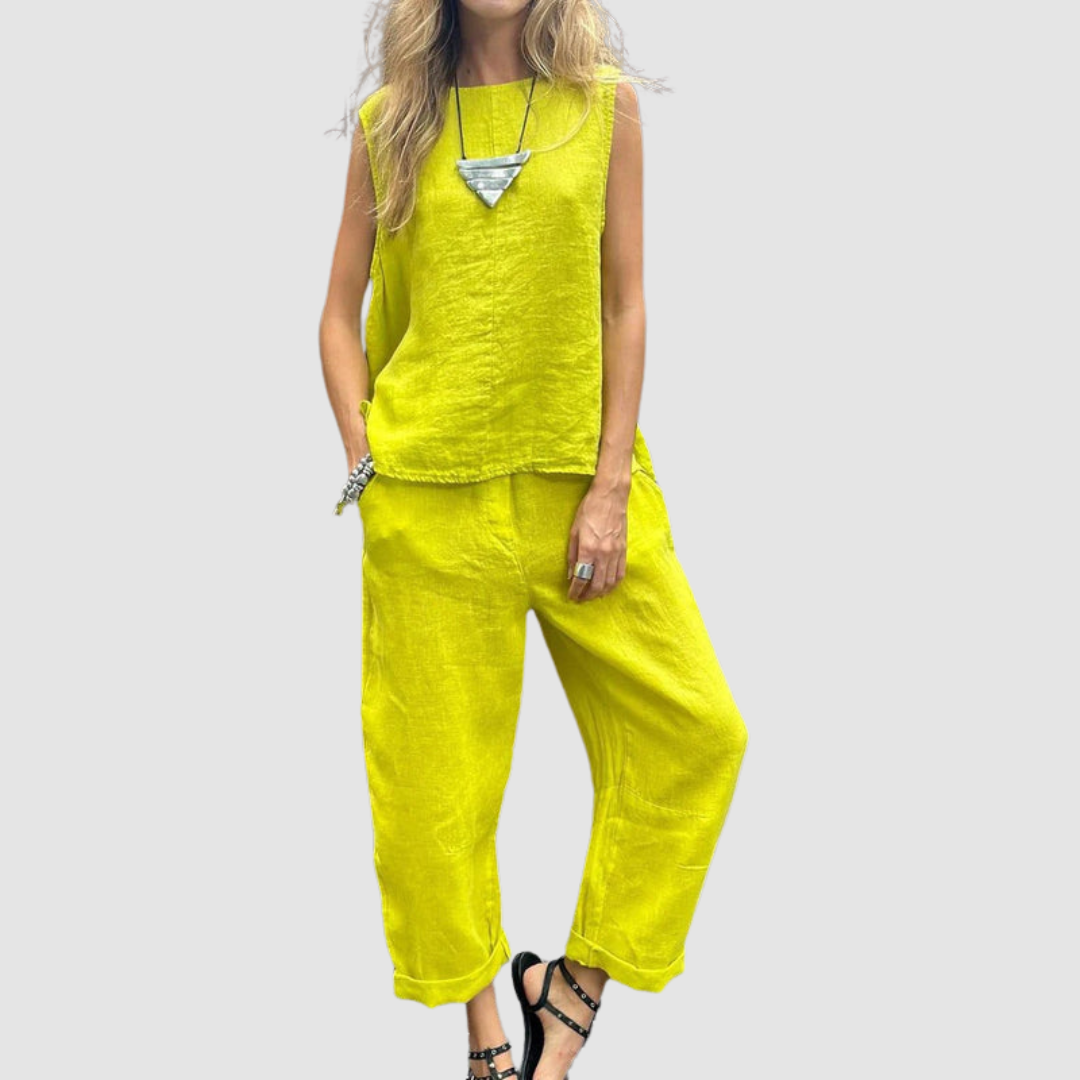 Yellow two-piece summer set with sleeveless tank and wide-leg pants