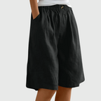 Loose-fit elastic waist shorts in black with button detail at waistband