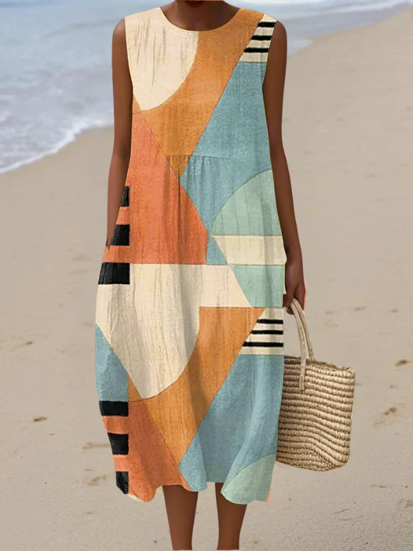Iris™ geometric midi dress, sleeveless patchwork in multicolor blocks