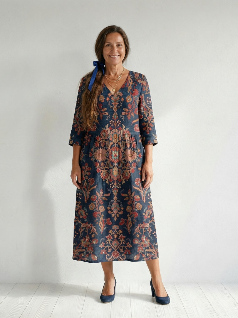 Blue soft form midi dress with floral print, three-quarter sleeves, gathered skirt
