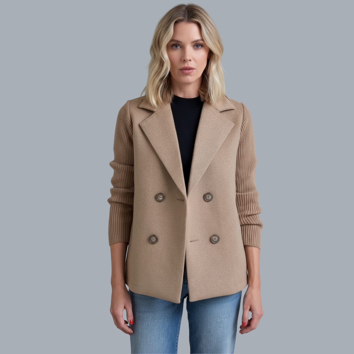 Ribbed blazer coat in tan/brown on model, double-breasted with four button closure