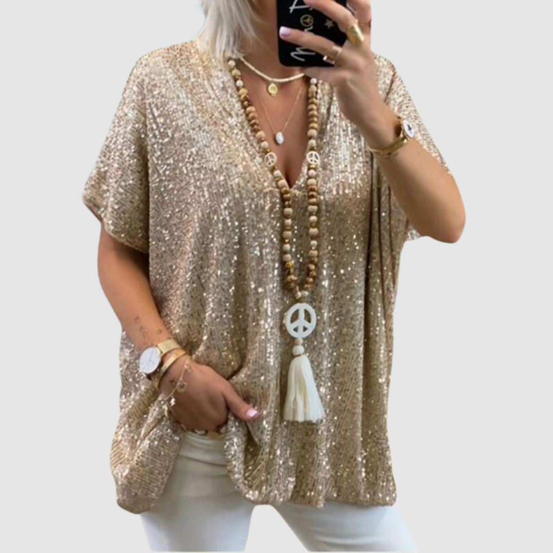 Gold sequin V-neck top with short sleeves and relaxed fit