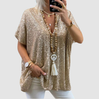 Gold sequin V-neck top with short sleeves and relaxed fit