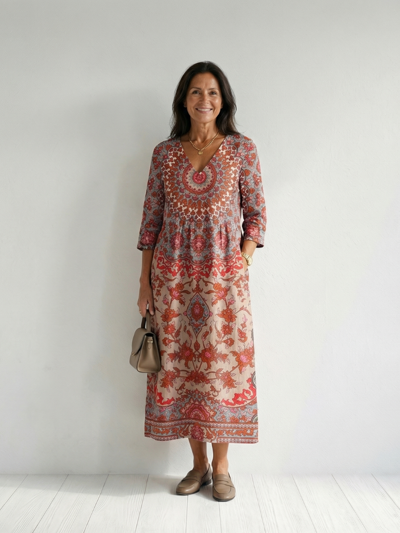 Red patterned midi dress with 3/4 sleeves and round neckline, loose balanced fit.