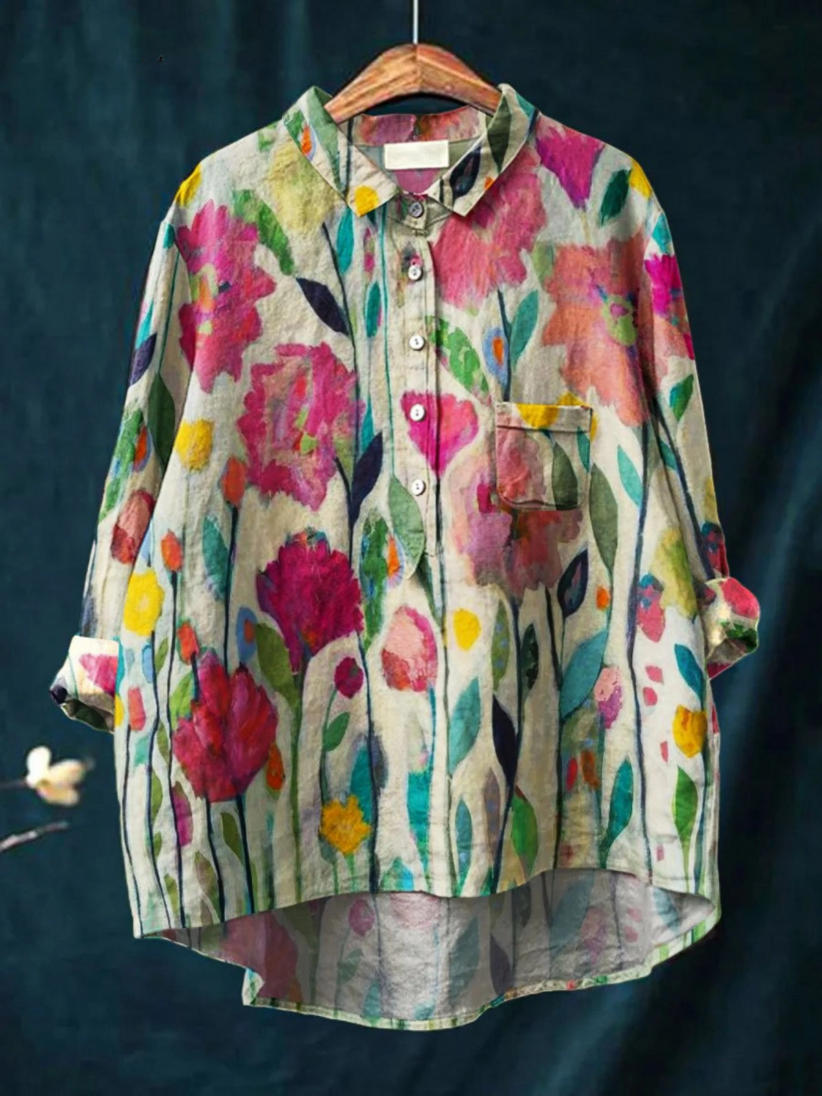 Women’s casual shirt with multicolor vintage floral art print, button-front, chest pocket