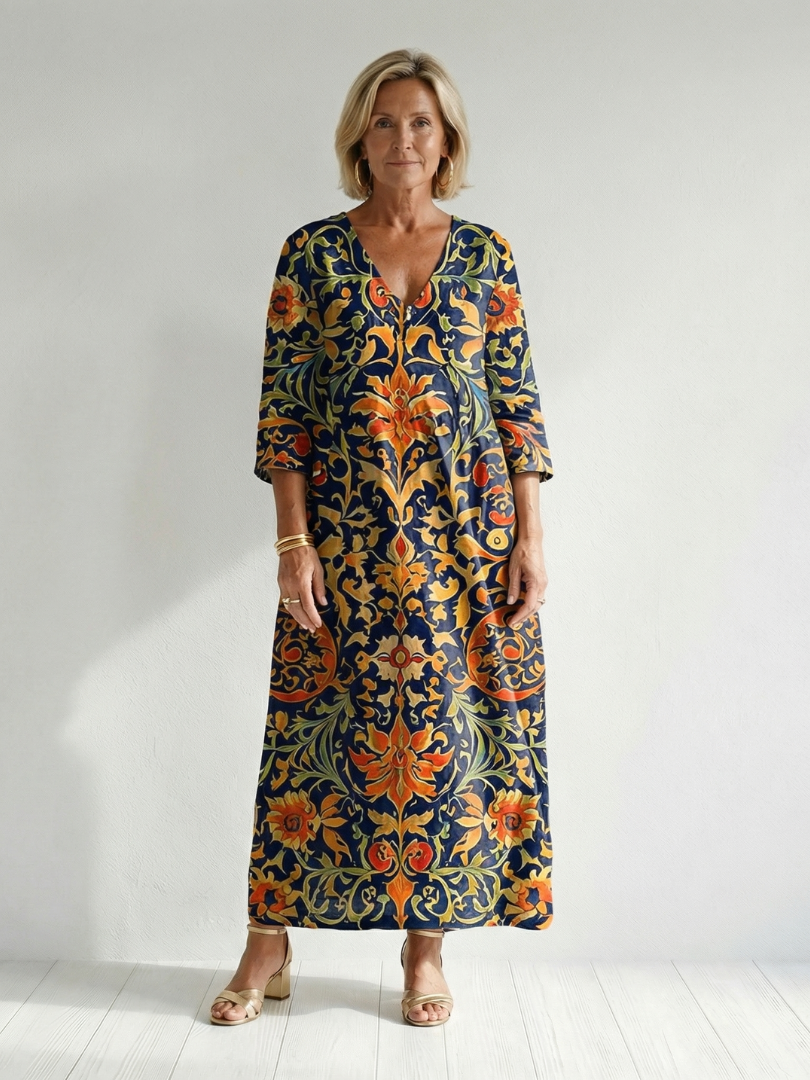 Elise ornate floral midi dress, navy with orange botanical print and V-neck