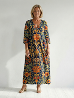 Elise ornate floral midi dress, navy with orange botanical print and V-neck