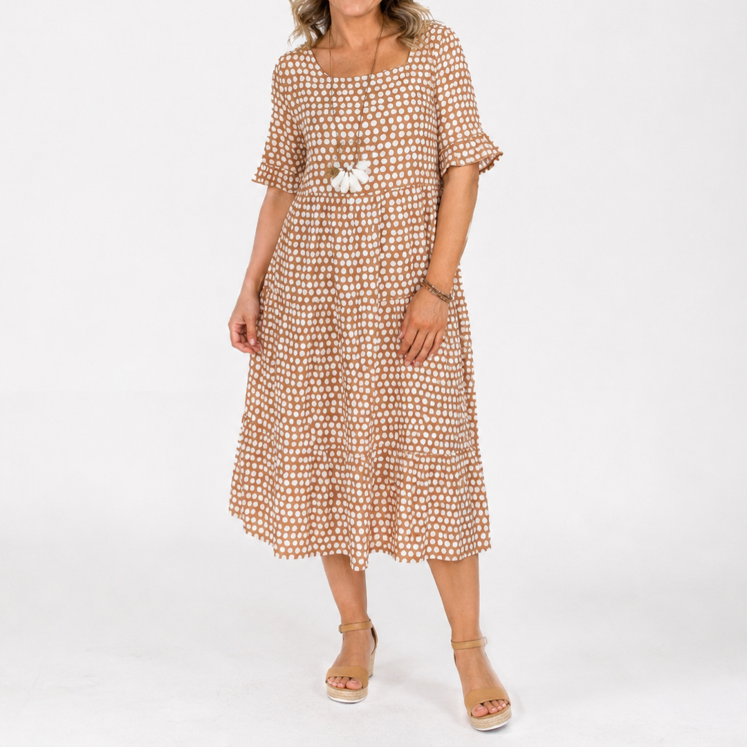 Bianca short-sleeve midi dress in brown and white dot print with square neckline
