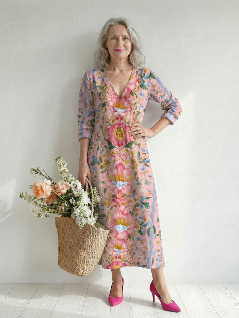 Floral midi dress with V-neck and 3/4 sleeves, soft pink base and multicolor blooms