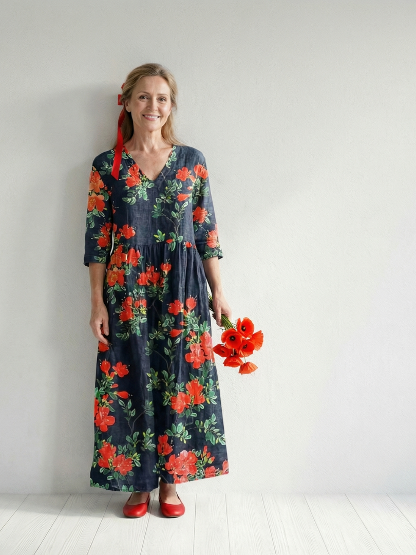Floral midi dress in dark blue with orange-red blooms, three-quarter sleeves