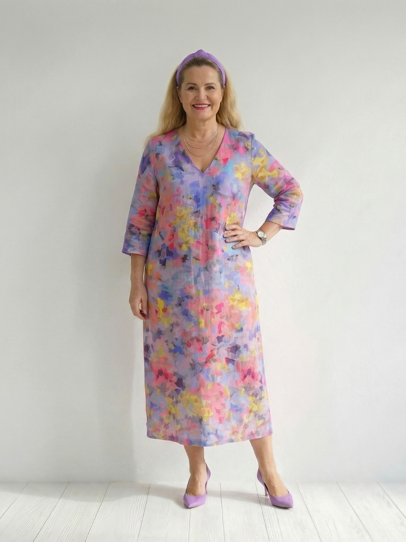 Multicolor abstract floral midi dress with V-neck and 3/4 sleeves, front view