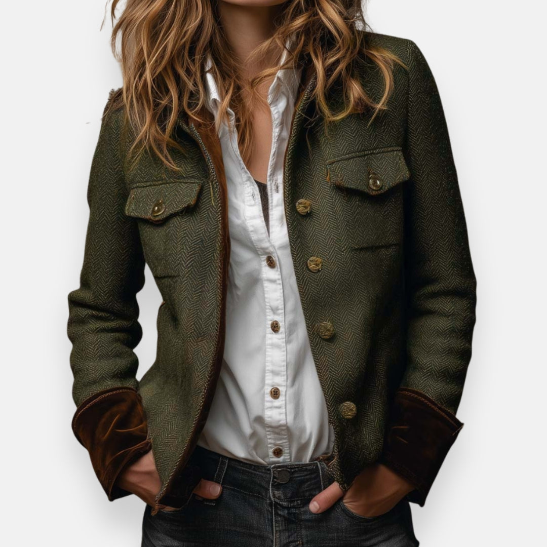 Dark olive classic button-front jacket with flap chest pockets and contrast lining