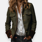 Dark olive classic button-front jacket with flap chest pockets and contrast lining