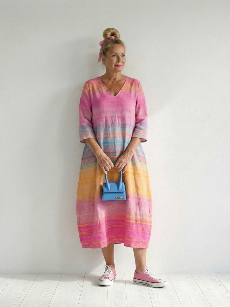Pink gradient stripe midi dress with V-neck and 3/4 sleeves, relaxed fit