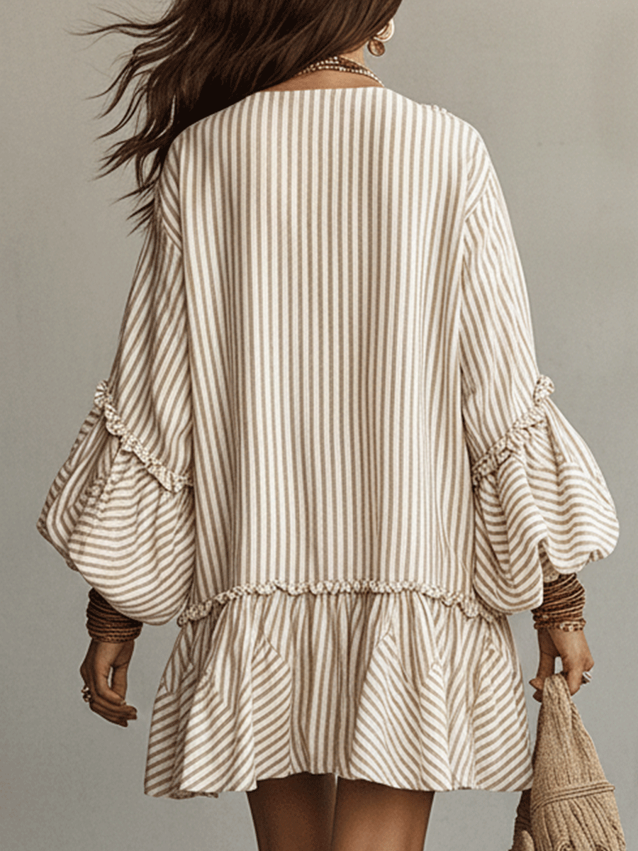 Off-white striped mini dress, back view, tiered ruffle hem and gathered sleeves