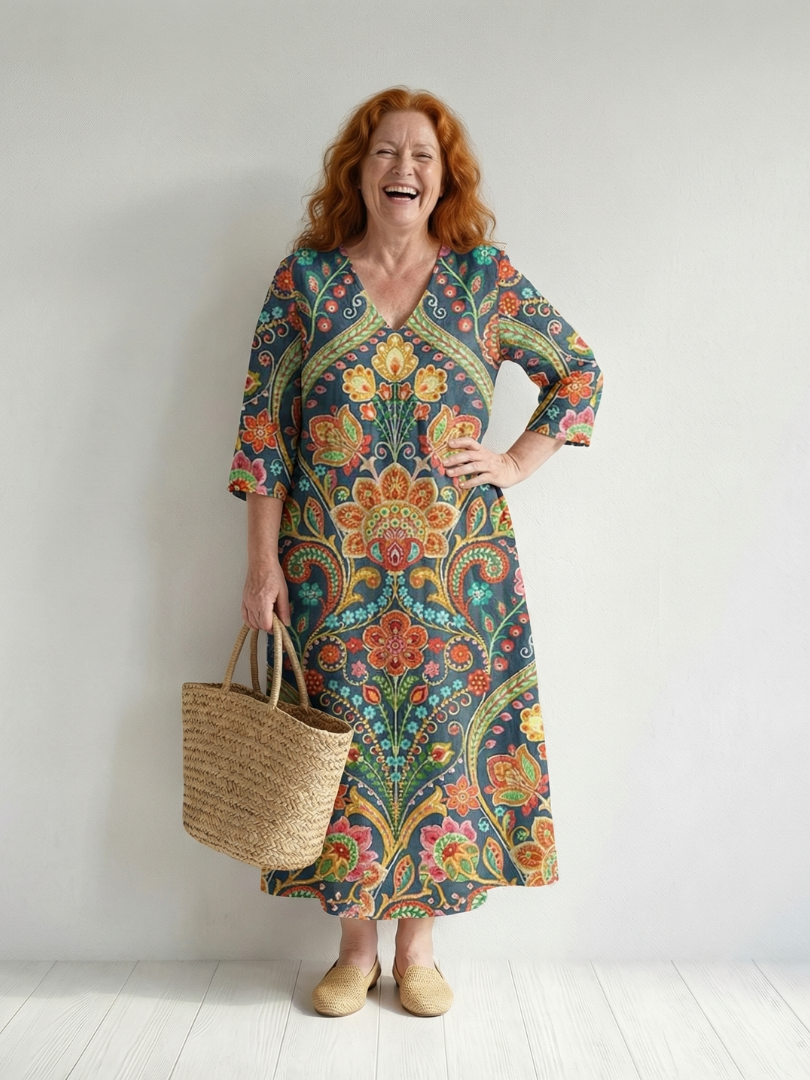 Floral midi dress in dark teal with colorful paisley-like print and 3/4 sleeves