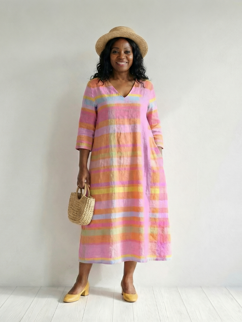 Pink striped midi dress with V-neck, three-quarter sleeves, and loose drape fit