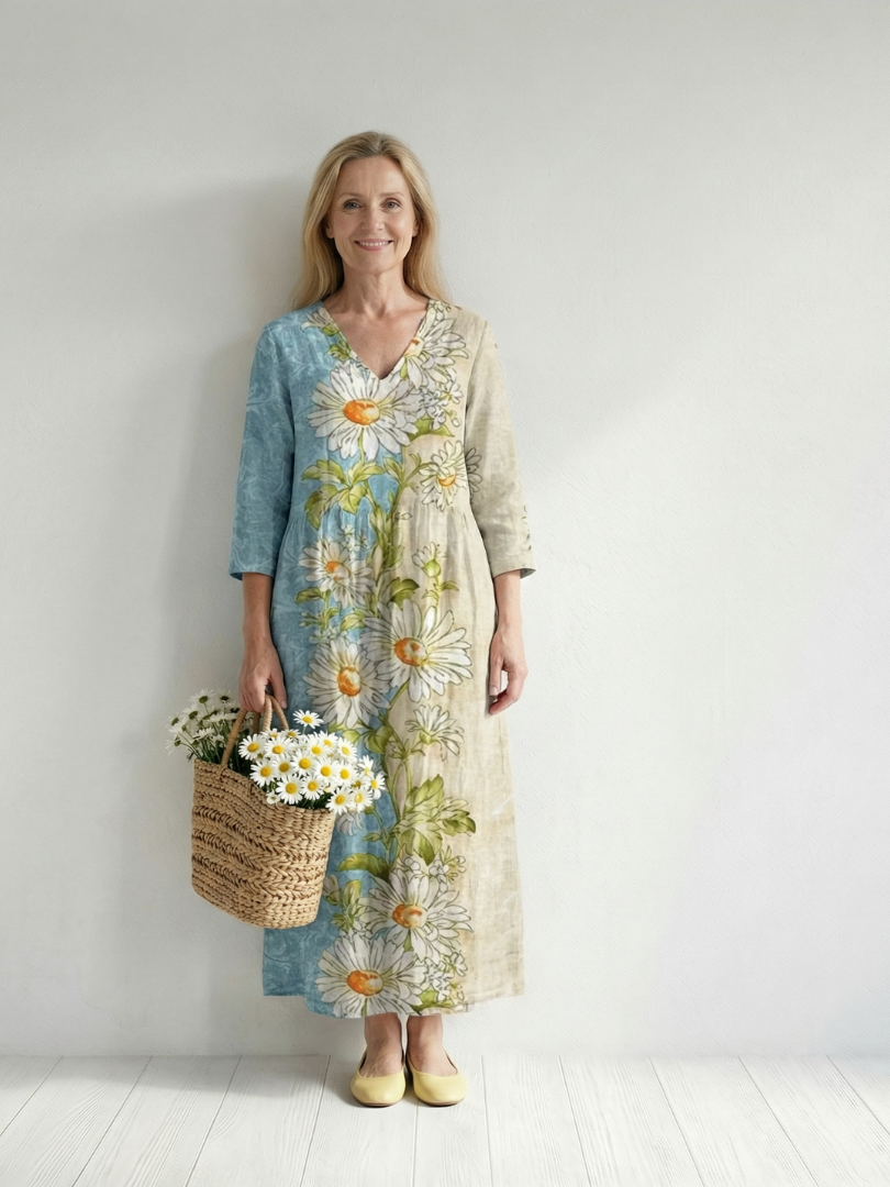 Daisy midi dress with V-neck, 3/4 sleeves, light blue and cream floral panel print