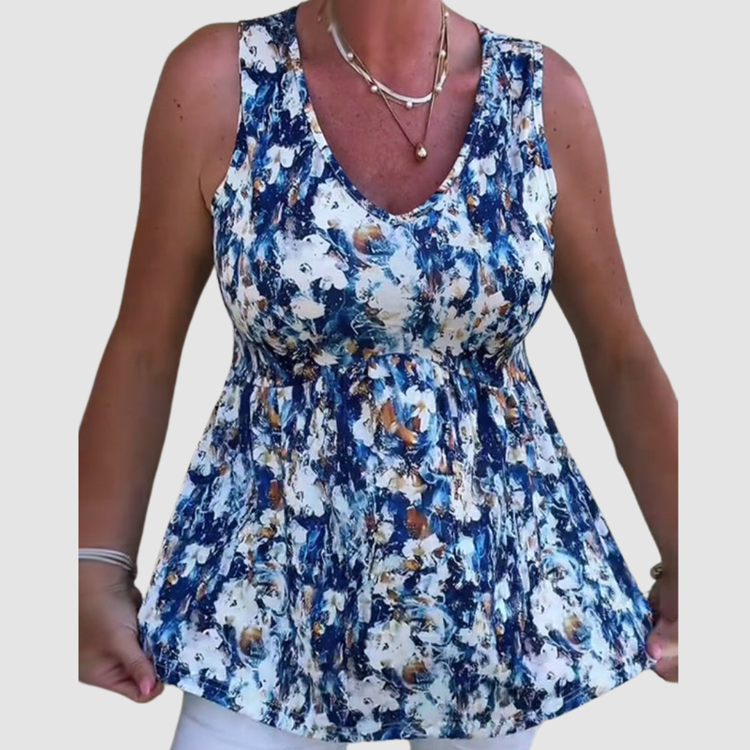 Soft breathable sleeveless top, blue-and-white abstract print, V-neck, gathered bust