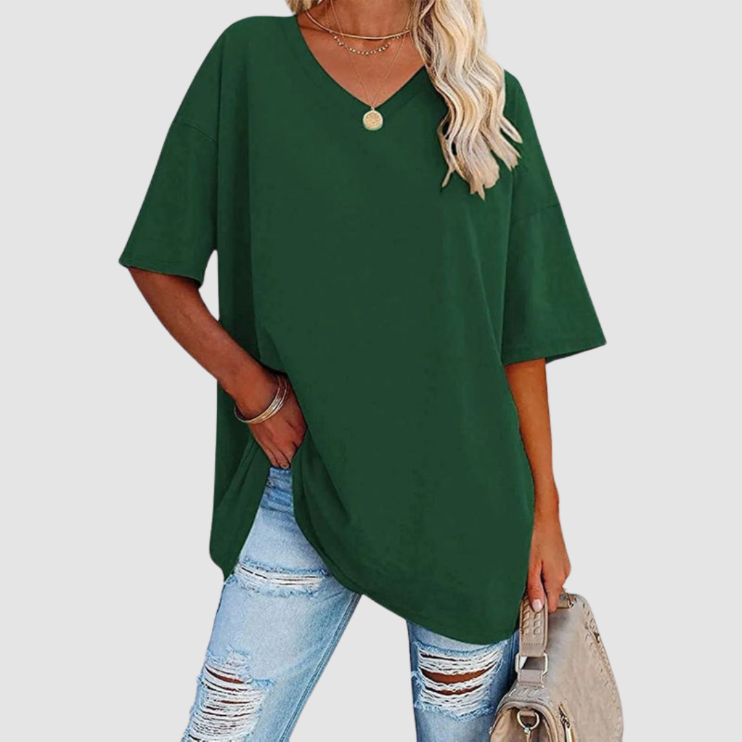 Green V-neck t-shirt with short sleeves, loose drape and side-tuck detail.