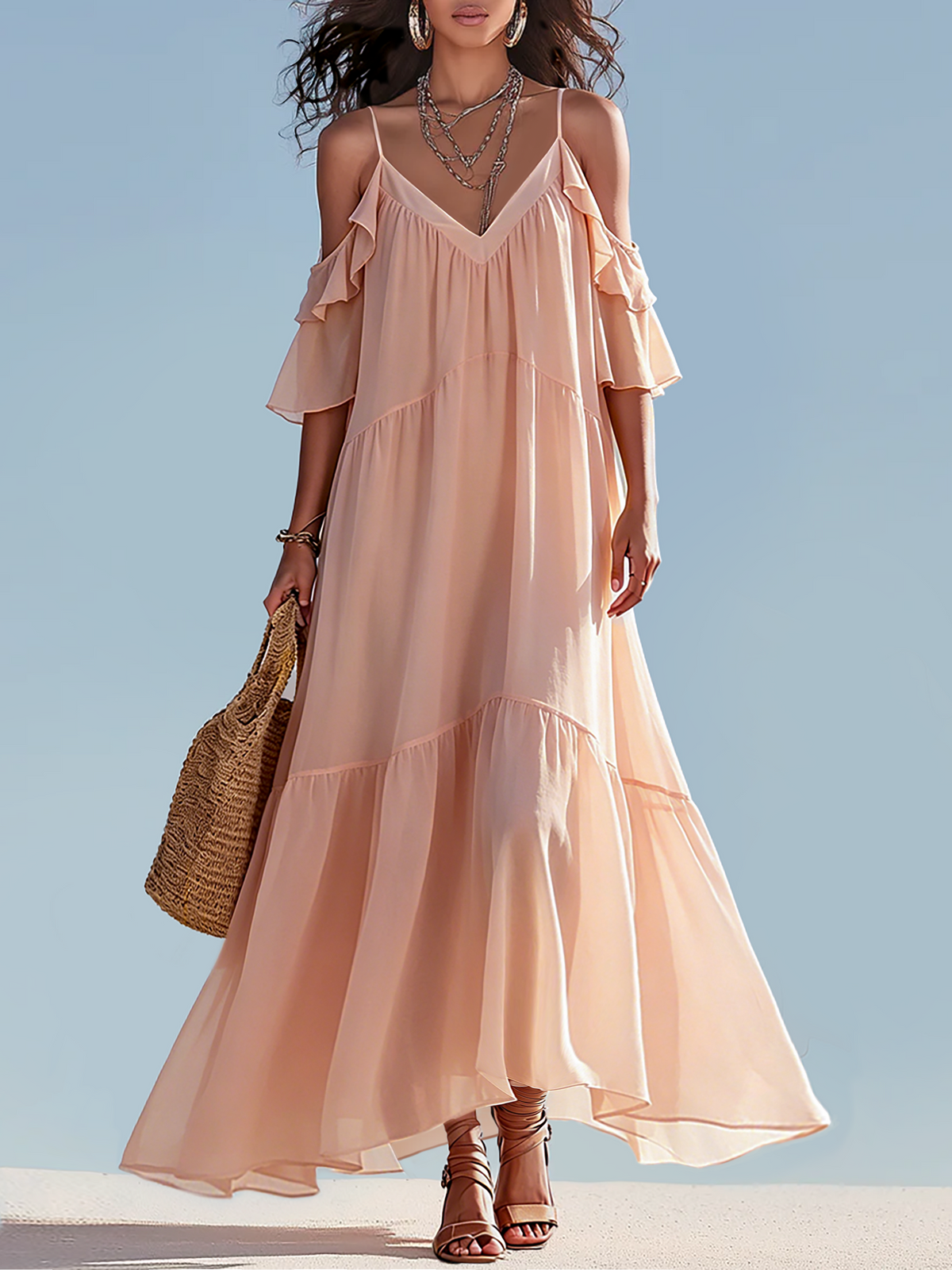 Pink cold-shoulder chiffon maxi dress with layered ruffle sleeves and tiered skirt