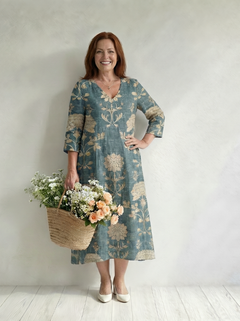 Floral midi dress in teal with gold V-neck, three-quarter sleeves, A-line fit
