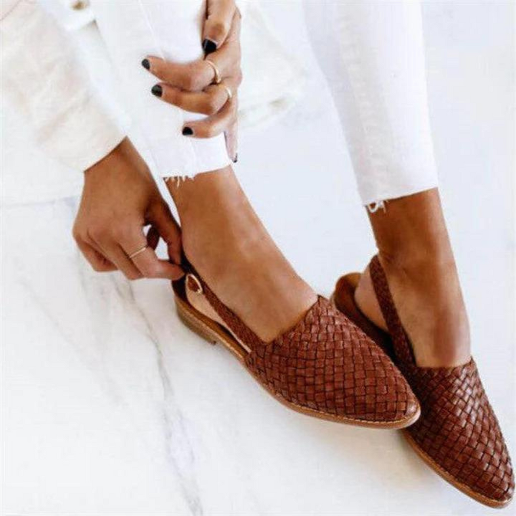 Woven vegan leather ballerina flats, dark brown, closed-toe slip-on low flat