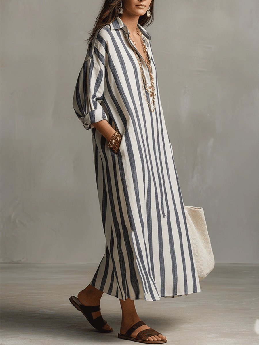 Blue-and-off-white striped maxi dress, collared V-neck, button-front, relaxed sleeves